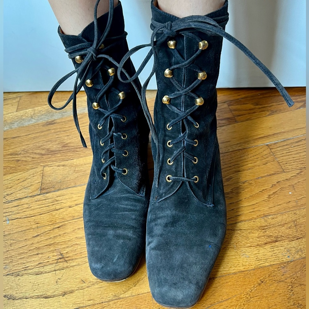 90s Navy Prada suede Lace-Up Women's Boots